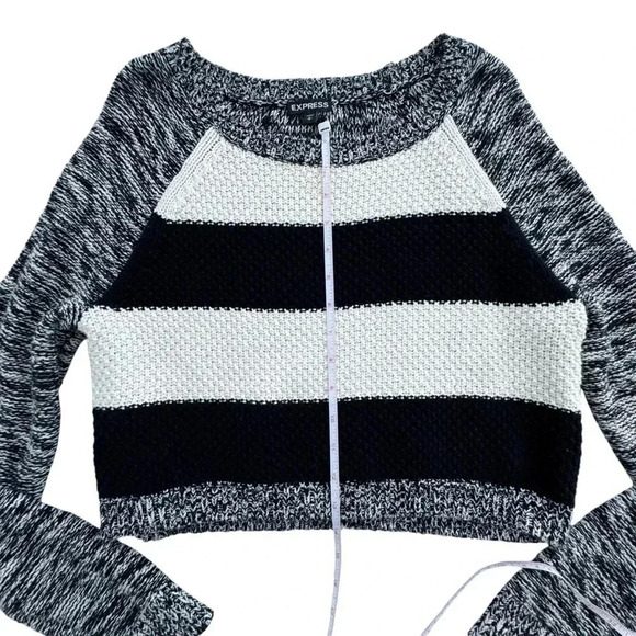 Express Cropped Striped Black and White Melange Sweater Small Long Sleeves - Picture 6 of 9